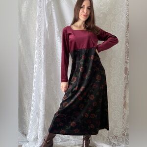 Y2K Velvet Floral Maxi Dress Burgundy Romantic Stretch